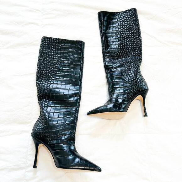 NWOB Larroude Kate Black Croc Stamped Leather Knee High Boots Size 6 - Picture 5 of 10